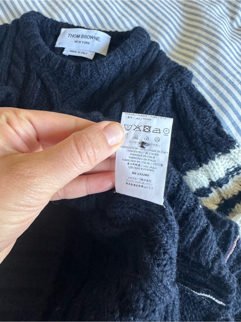 Thom Browne Navy Cable Knit Crewneck Sweater with Cream & Black Sleeve Detail - Picture 4 of 9